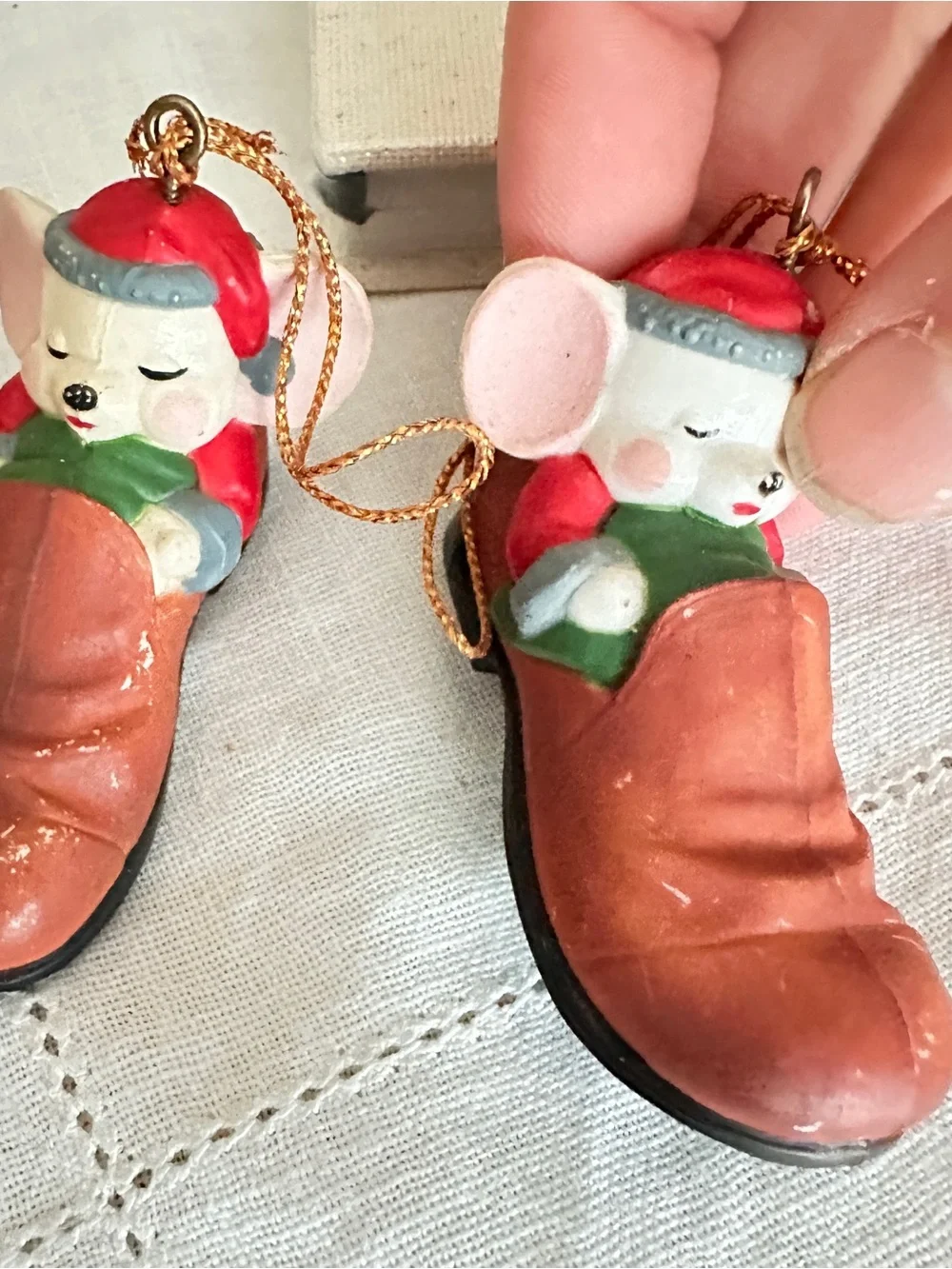 Vintage Christmas ornament lot of 2 sleeping mice in shoes